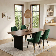 ALUXO® Genesis 1.8m Walnut Dining Set – Black Fluted Base Table with 4/6 Lyder Emerald Green Velvet Chairs