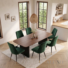ALUXO® Genesis 1.8m Walnut Dining Set – Black Fluted Base Table with 4/6 Lyder Emerald Green Velvet Chairs