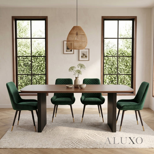 ALUXO® Genesis 1.8m Walnut Dining Set – Black Fluted Base Table with 4/6 Lyder Emerald Green Velvet Chairs