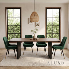 ALUXO® Genesis 1.8m Walnut Dining Set – Black Fluted Base Table with 4/6 Lyder Emerald Green Velvet Chairs