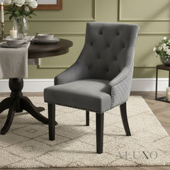 Gunnar Velvet Dining Chair | Studded & Quilted Back, Wood Legs - Light Grey / Dark Grey