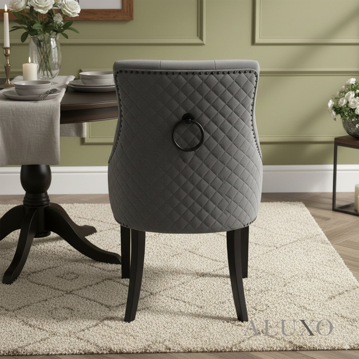 Gunnar Velvet Dining Chair | Studded & Quilted Back, Wood Legs | Light Grey / Dark Grey