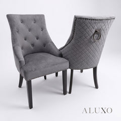 ALUXO® Dunkin 2.2m Walnut Dining Set – Black Tapered Table with 4/6/8 Gunnar Dark Grey Velvet Chairs