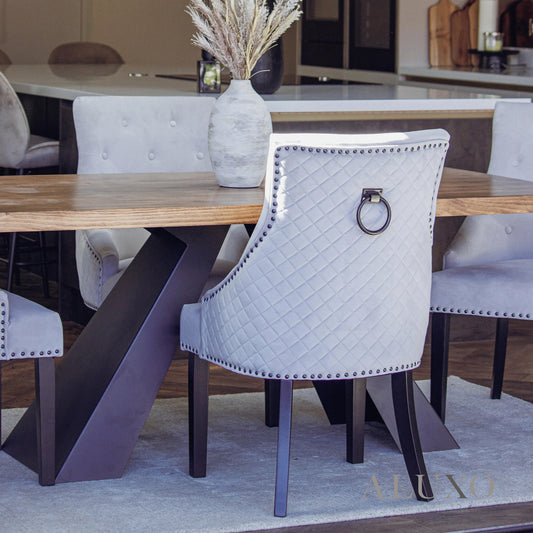 Gunnar Velvet Dining Chair | Studded & Quilted Back, Wood Legs - Light Grey / Dark Grey