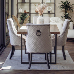 Gunnar Velvet Dining Chair | Studded & Quilted Back, Wood Legs - Light Grey / Dark Grey