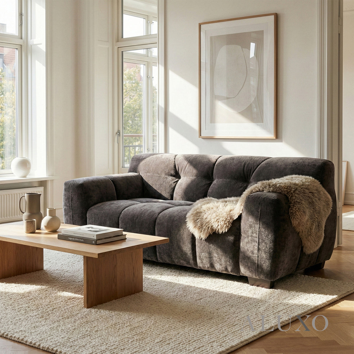 ALUXO® Harlem 2 Seater Compact Sofa – Cocoa Chocolate Velvet | Deep Channel Stitched