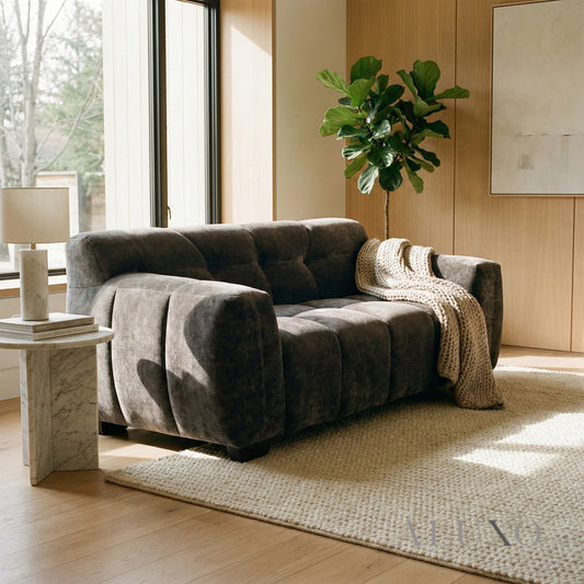 ALUXO® Harlem 2 Seater Compact Sofa – Cocoa Chocolate Velvet | Deep Channel Stitched