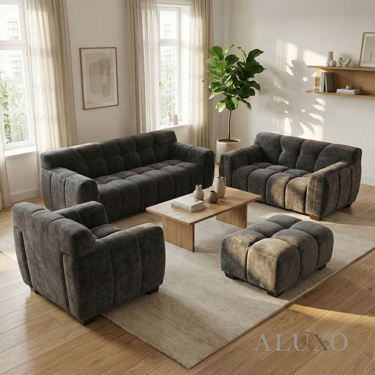 ALUXO® Harlem Full Sofa Set – Cocoa Chocolate Velvet | 3+2 Seater, Armchair & Footstool