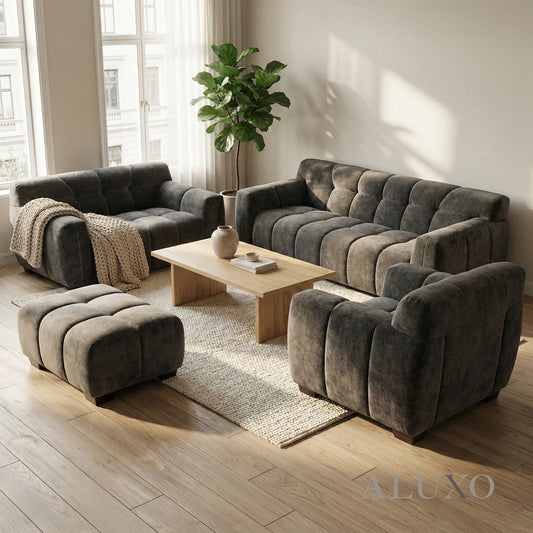ALUXO® Harlem Full Sofa Set – Cocoa Chocolate Velvet | 3+2 Seater, Armchair & Footstool