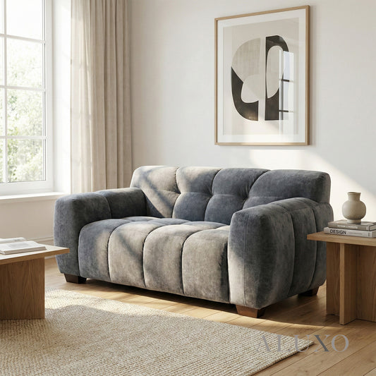 ALUXO® Harlem 2 Seater Compact Sofa – Steel Grey Mermaid Velvet | Deep Channel Stitched