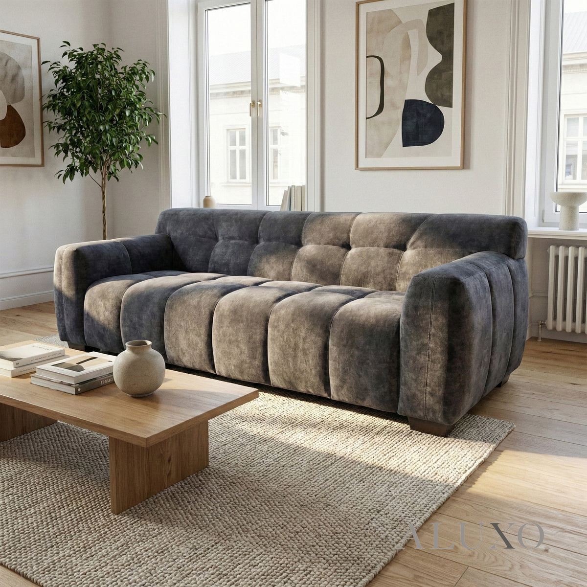 ALUXO® Harlem 3 Seater Sofa – Steel Grey Mermaid Velvet | Deep Channel Stitched