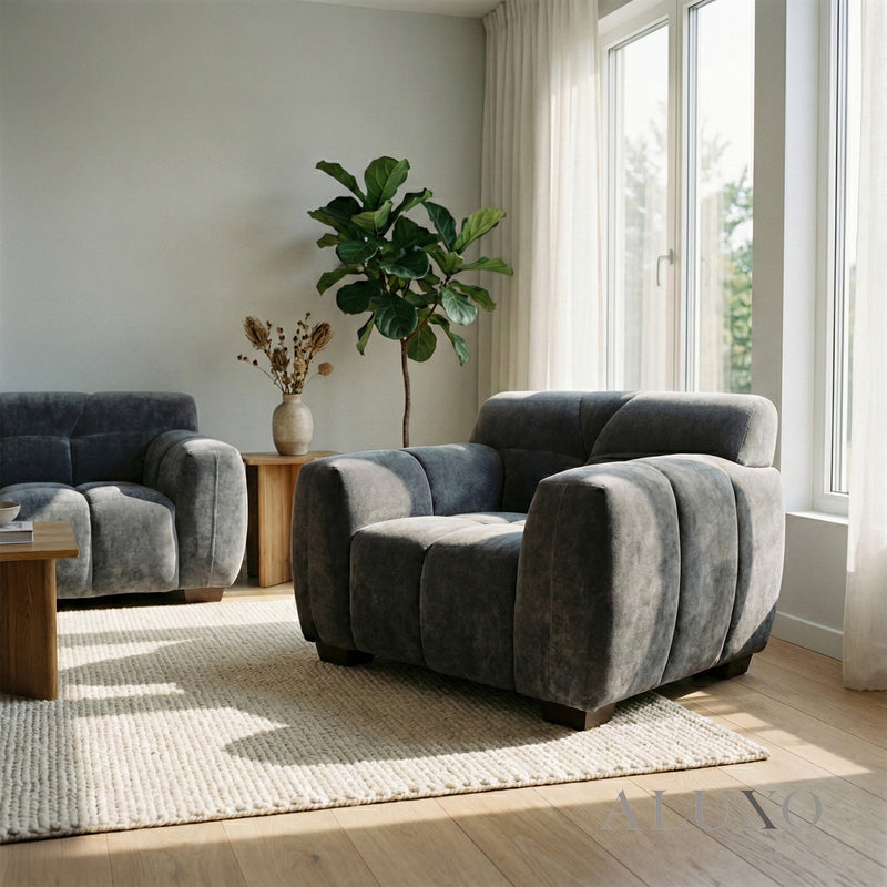 ALUXO® Harlem Armchair – Steel Grey Mermaid Velvet | Deep Channel Stitched