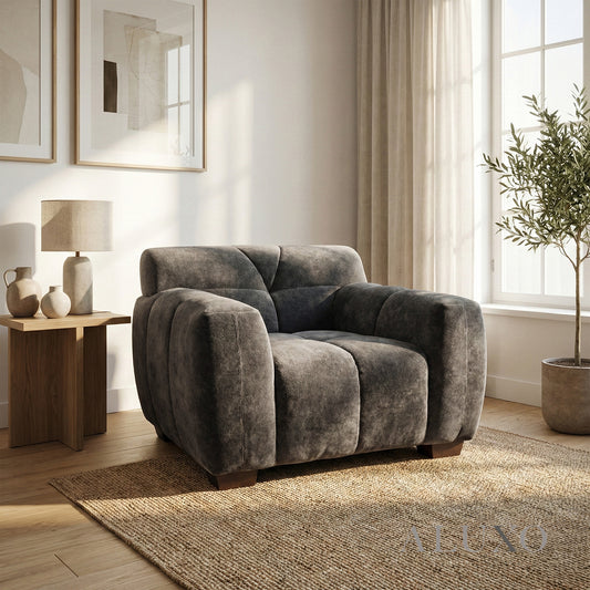 ALUXO® Harlem Armchair – Steel Grey Mermaid Velvet | Deep Channel Stitched