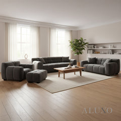 ALUXO® Harlem 2/3 Seater Sofa, Armchair & Footstool – Steel Grey Velvet