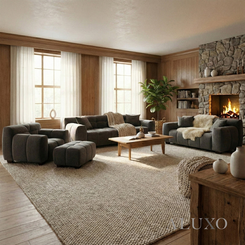 ALUXO® Harlem Full Sofa Set – Steel Grey Mermaid Velvet | 3+2 Seater, Armchair & Footstool