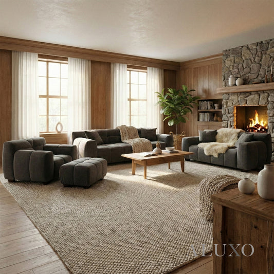 ALUXO® Harlem Full Sofa Set – Steel Grey Mermaid Velvet | 3+2 Seater, Armchair & Footstool