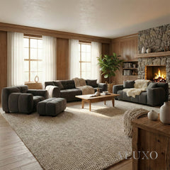 ALUXO® Harlem Full Sofa Set – Steel Grey Mermaid Velvet | 3+2 Seater, Armchair & Footstool