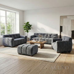 ALUXO® Harlem Full Sofa Set – Steel Grey Mermaid Velvet | 3+2 Seater, Armchair & Footstool
