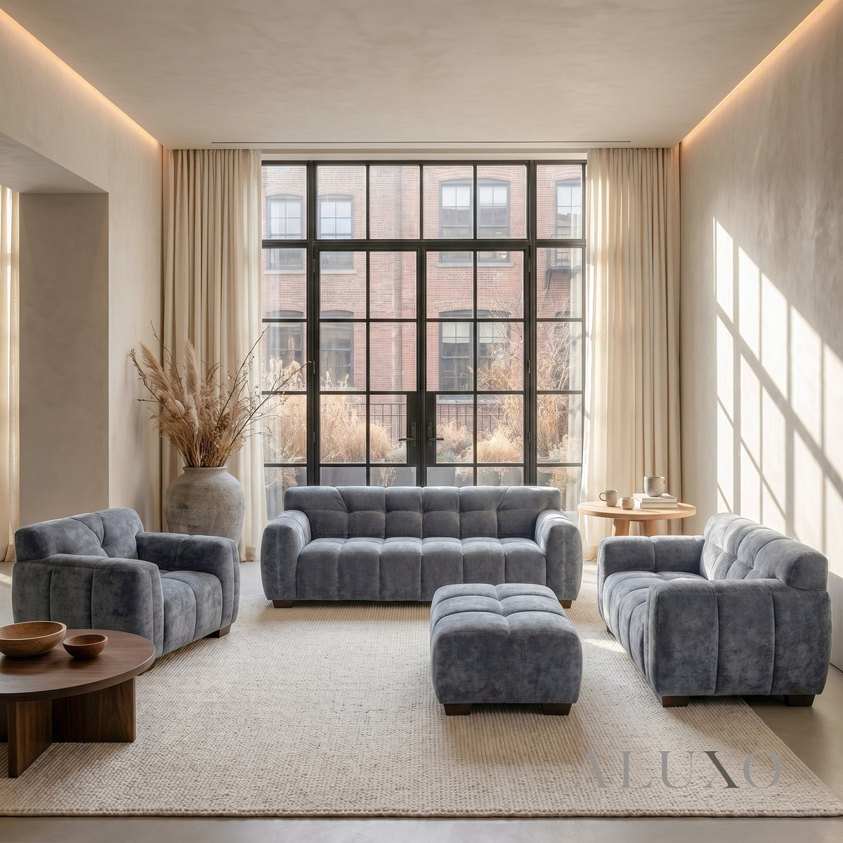ALUXO® Harlem Full Sofa Set – Steel Grey Mermaid Velvet | 3+2 Seater, Armchair & Footstool
