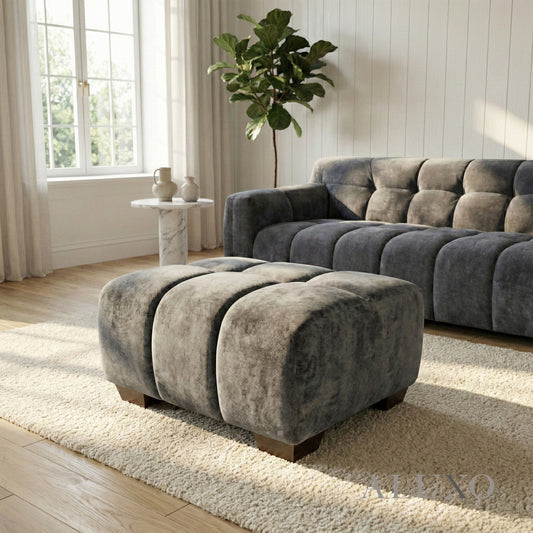 ALUXO® Harlem Modular Footstool – Steel Grey Mermaid Velvet | Deep Channel Stitched