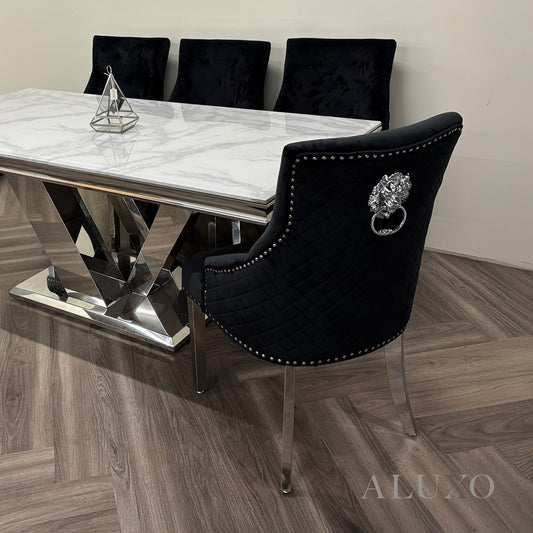 ALUXO® Henrik Chrome Black Velvet Dining Chair | Quilted Back, Studded Detailing & Lion Knocker