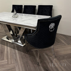 Henrik Chrome Black Velvet Dining Chair | Quilted Back, Studded Detailing & Lion Knocker