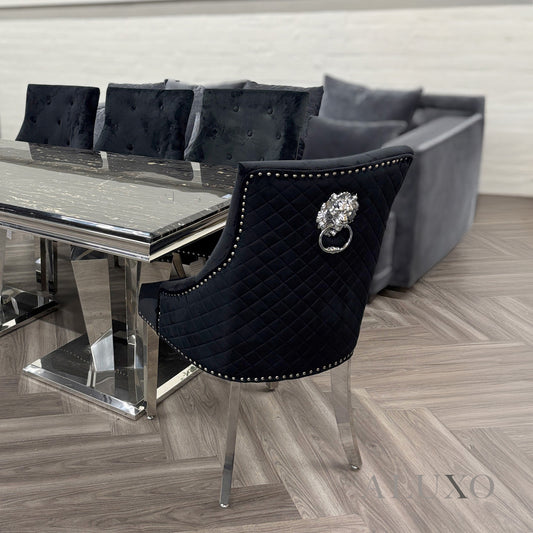Bentley Chrome Black Velvet Dining Chair | Quilted Back, Studded Detailing & Lion Knocker