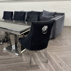 Bentley Chrome Black Velvet Dining Chair | Quilted Back, Studded Detailing & Lion Knocker