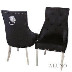 Henrik Chrome Black Velvet Dining Chair | Quilted Back, Studded Detailing & Lion Knocker