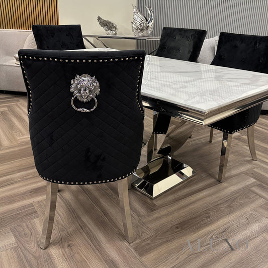 ALUXO® Henrik Chrome Black Velvet Dining Chair | Quilted Back, Studded Detailing & Lion Knocker