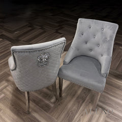 ALUXO® Bentley Chrome Grey Velvet Dining Chair | Quilted Back, Studded Detailing & Lion Knocker