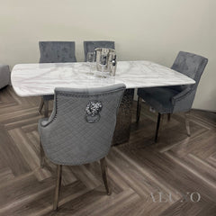 ALUXO® Bentley Chrome Grey Velvet Dining Chair | Quilted Back, Studded Detailing & Lion Knocker
