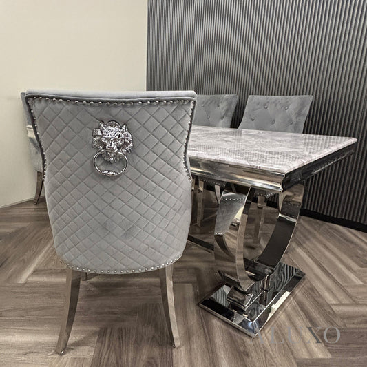 Bentley Chrome Dark Grey Velvet Dining Chair | Quilted Back, Studded Detailing & Lion Knocker