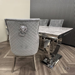 ALUXO® Bentley Chrome Grey Velvet Dining Chair | Quilted Back, Studded Detailing & Lion Knocker