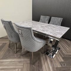 ALUXO® Bentley Chrome Grey Velvet Dining Chair | Quilted Back, Studded Detailing & Lion Knocker