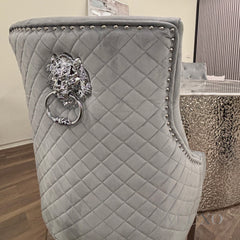 ALUXO® Bentley Chrome Grey Velvet Dining Chair | Quilted Back, Studded Detailing & Lion Knocker