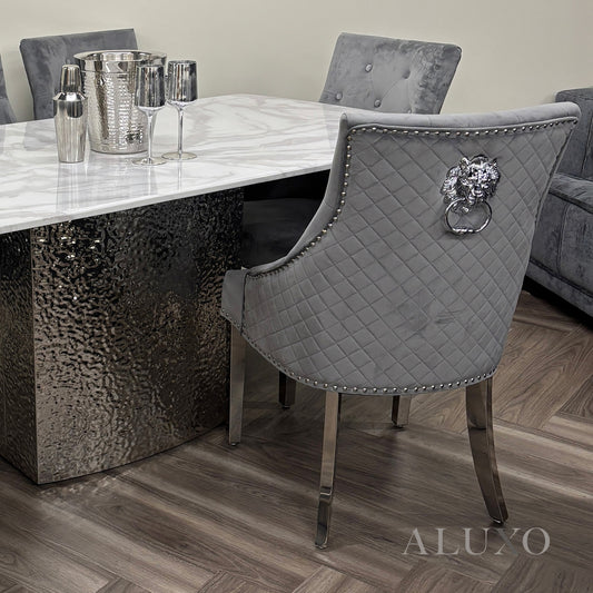ALUXO® Henrik Chrome Grey Velvet Dining Chair | Quilted Back, Studded Detailing & Lion Knocker
