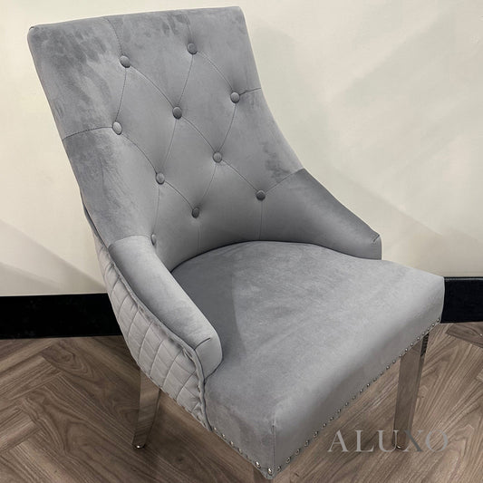 ALUXO® Henrik Chrome Grey Velvet Dining Chair | Quilted Back, Studded Detailing & Lion Knocker
