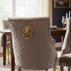 Henrik Gold Beige Velvet Dining Chair | Quilted Back, Studded Detailing & Lion Knocker