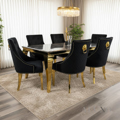 Henrik Gold Black Velvet Dining Chair | Quilted Back, Studded Detailing & Lion Knocker
