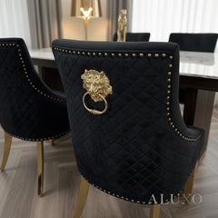 Henrik Gold Black Velvet Dining Chair | Quilted Back, Studded Detailing & Lion Knocker