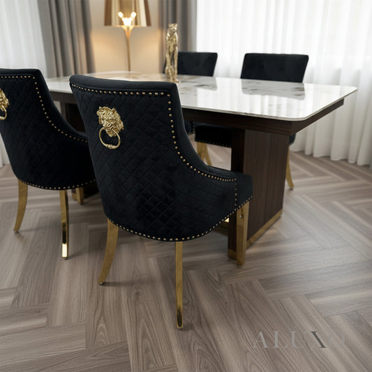 Henrik Gold Black Velvet Dining Chair | Quilted Back, Studded Detailing & Lion Knocker