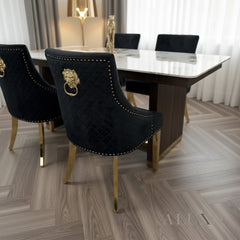 Henrik Gold Black Velvet Dining Chair | Quilted Back, Studded Detailing & Lion Knocker