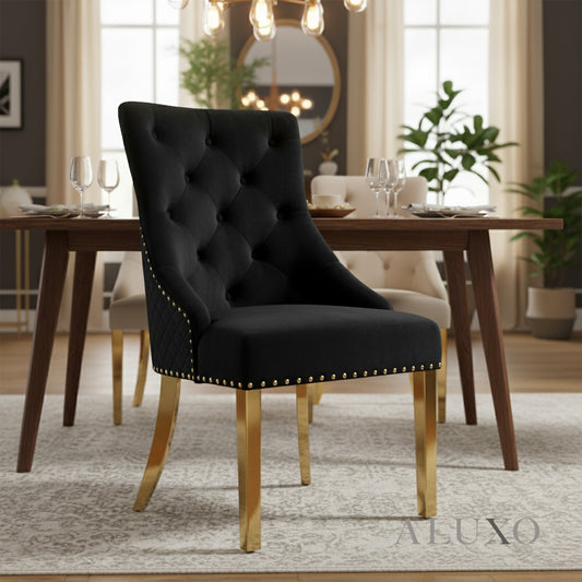 Henrik Gold Black Velvet Dining Chair | Quilted Back, Studded Detailing & Lion Knocker