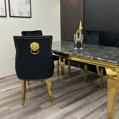 Henrik Gold Black Velvet Dining Chair | Quilted Back, Studded Detailing & Lion Knocker