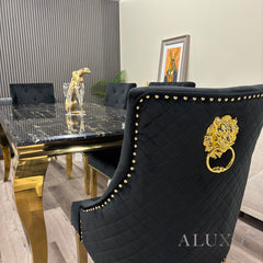 Henrik Gold Black Velvet Dining Chair | Quilted Back, Studded Detailing & Lion Knocker