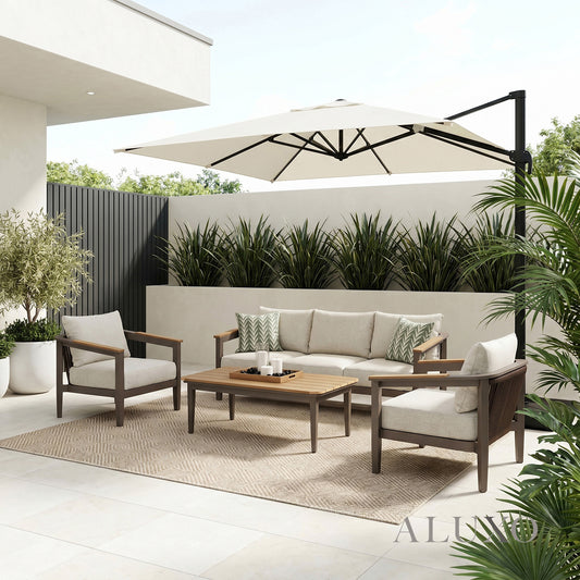 ALUXO® Hemera 5-Seater Luxury Lounge Set – Truffle Aluminium & PS Wood Slat Table