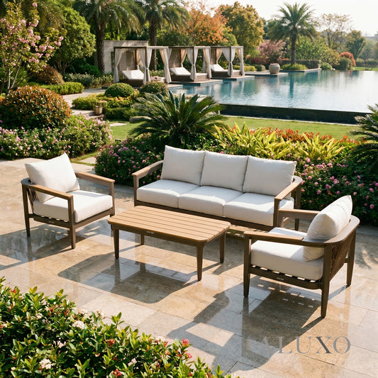 (PRE-ORDER) ALUXO® Hemera 5-Seater Luxury Lounge Set – Truffle Aluminium & PS Wood Slat Table