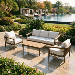 (PRE-ORDER) ALUXO® Hemera 5-Seater Luxury Lounge Set – Truffle Aluminium & PS Wood Slat Table