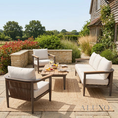 (PRE-ORDER) ALUXO® Hemera 5-Seater Luxury Lounge Set – Truffle Aluminium & PS Wood Slat Table